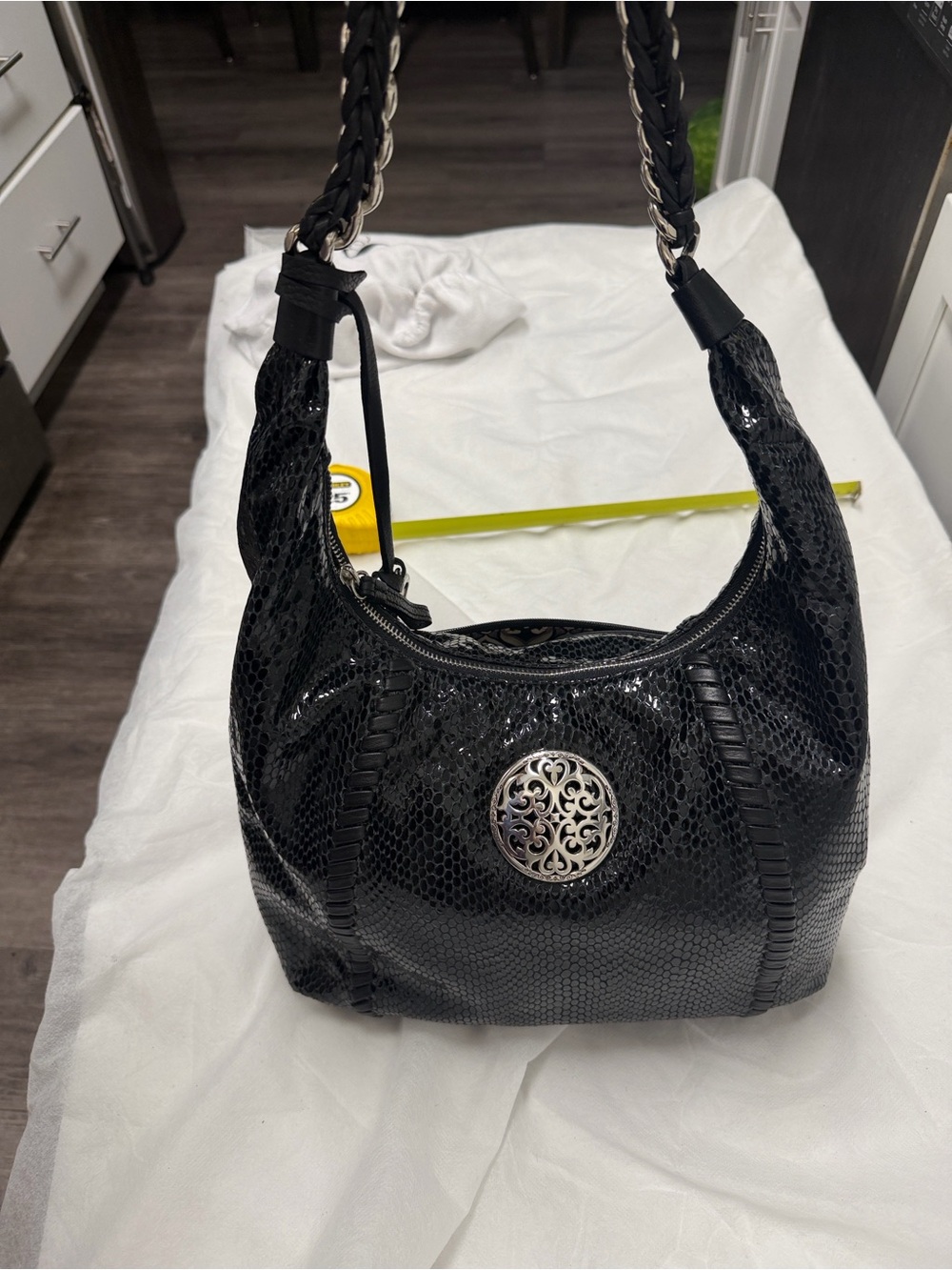Brighton Black Faux-Snake Hobo with Silver Medallion and Chain Strap